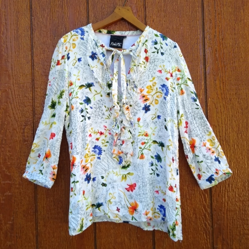 Nanette Lepore Anthropologie Floral Garden Ruffle Neck Tie 3/4 Sleeve Shirt Med